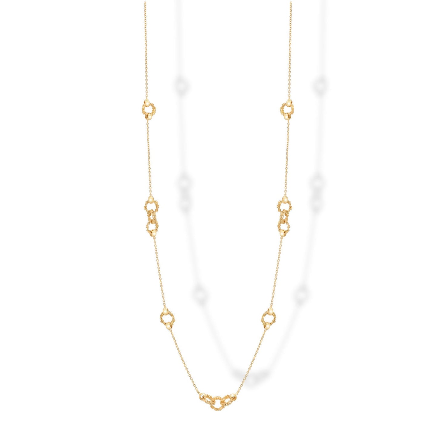 Handmade Italian 925 silver necklace with gold-plated crochet rings displayed hanging.