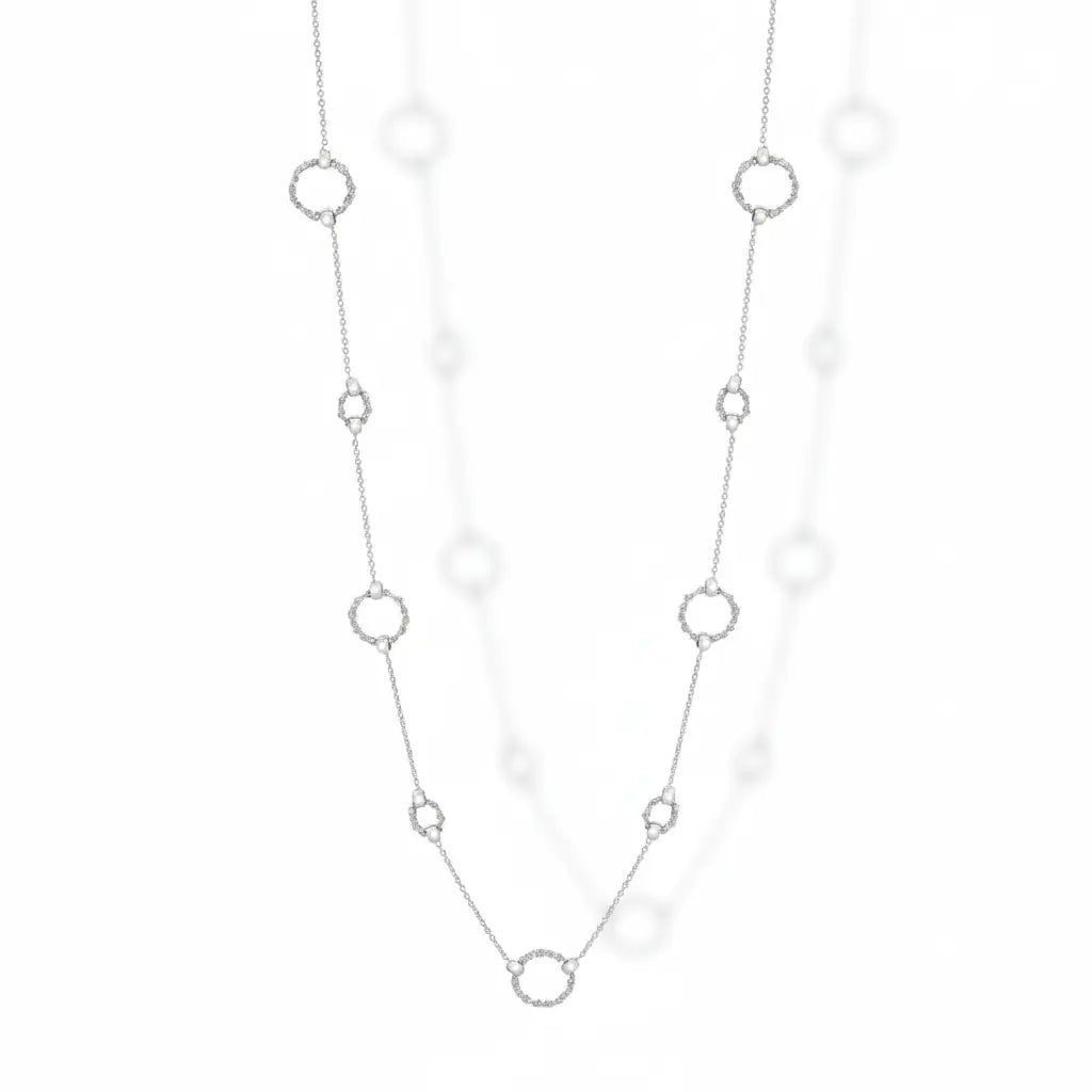 Rhodium-plated 925 silver 9 circles crochet necklace shown hanging, delicate handmade Italian jewelry.