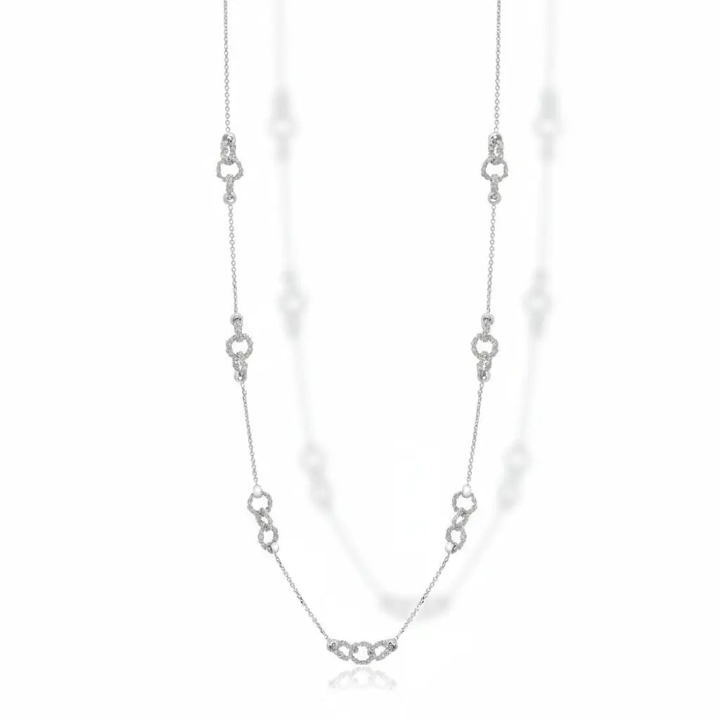 Rhodium-plated handmade Italian 925 silver crochet rings necklace shown hanging.