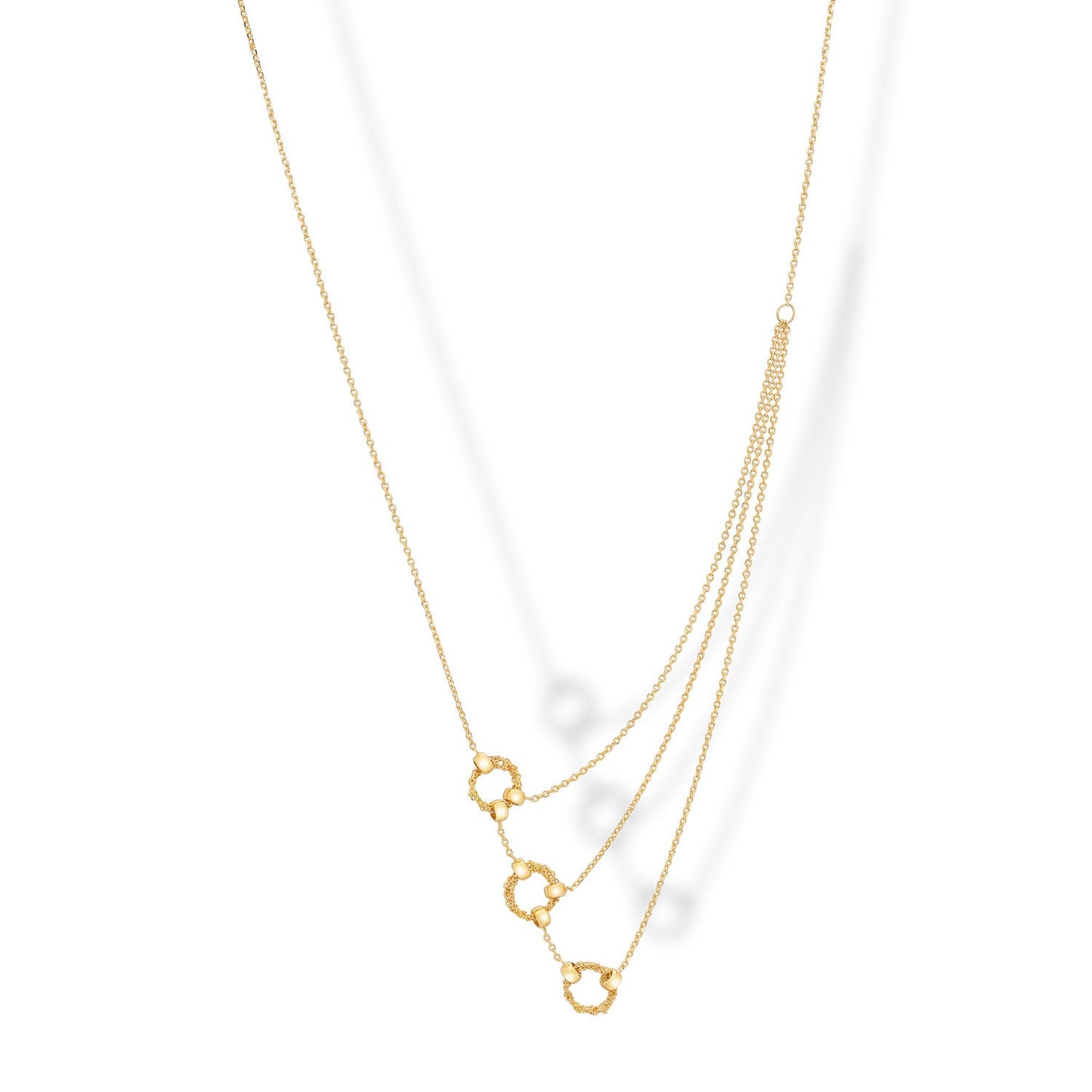 Asymmetrical handmade Italian 925 silver crochet rings necklace, gold plated, shown hanging.