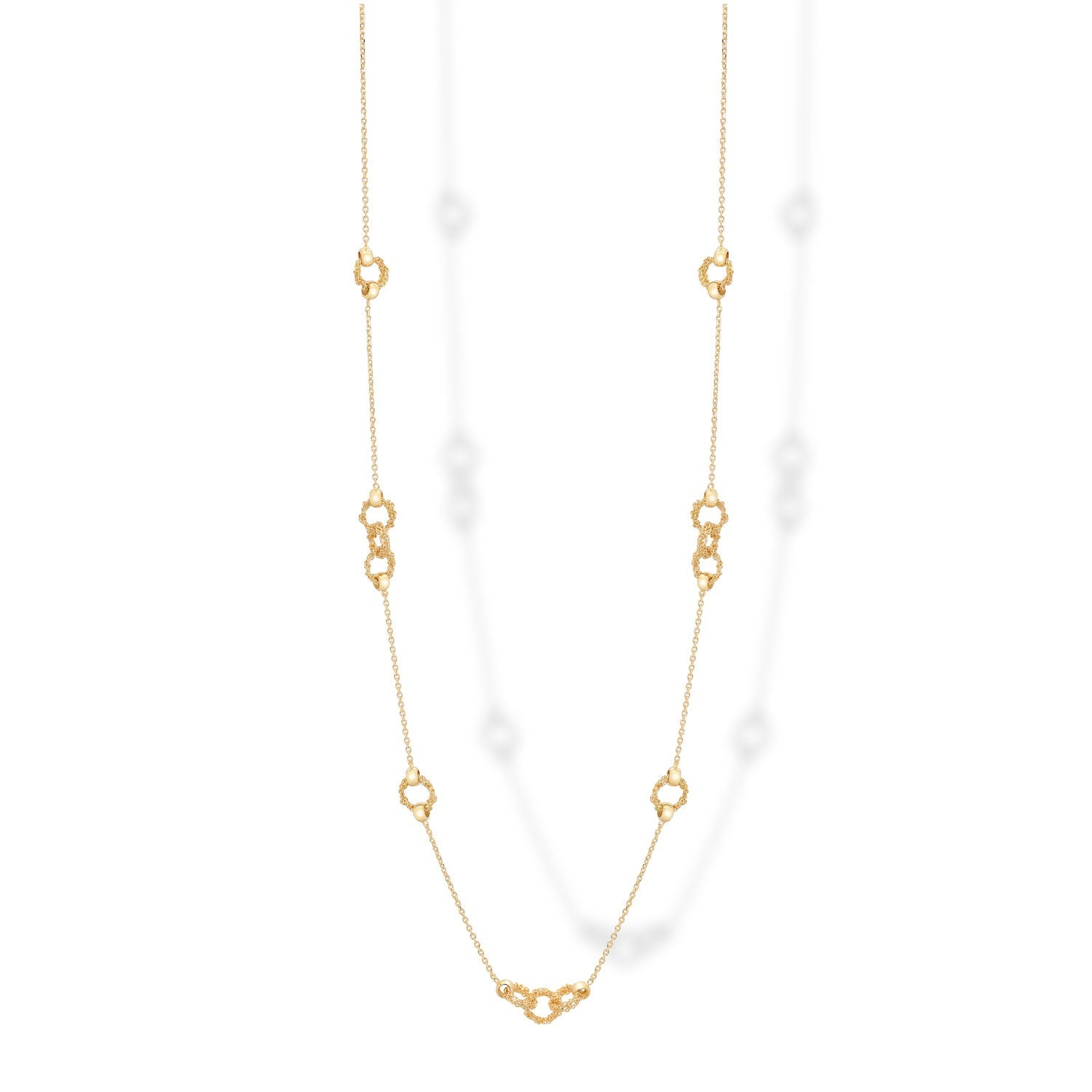 Handmade Italian 925 silver necklace with gold-plated crochet rings displayed hanging.