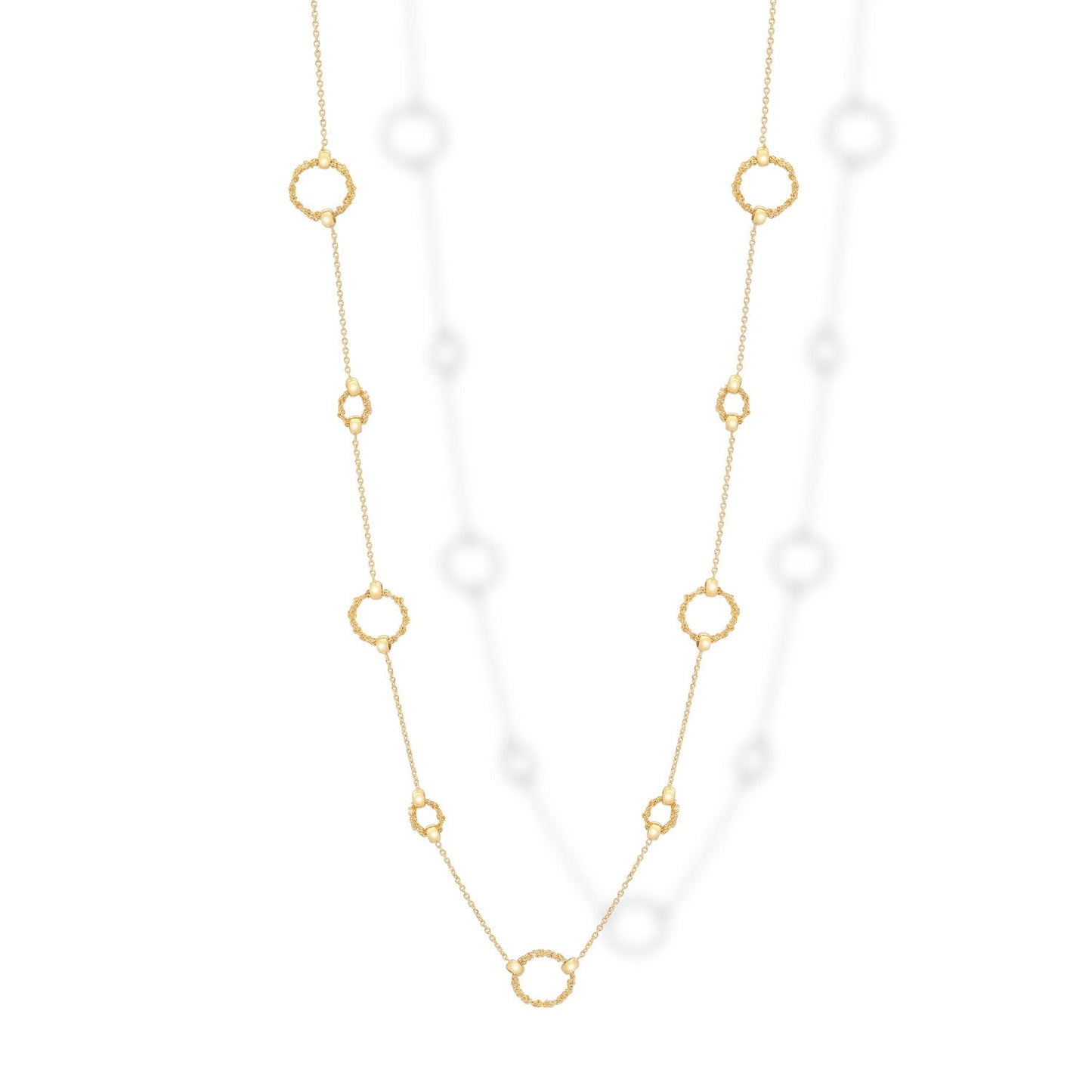 Gold-plated 925 silver 9 circles crochet necklace displayed hanging, handcrafted Italian design.
