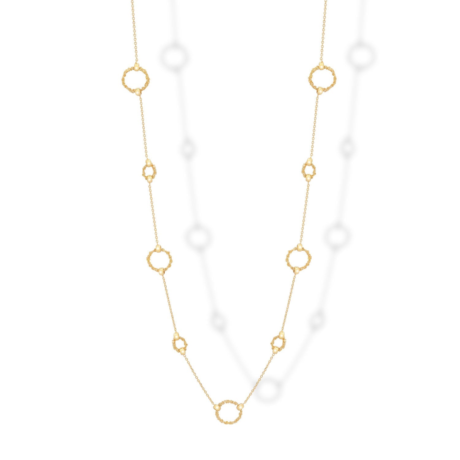 Gold-plated 925 silver 9 circles crochet necklace displayed hanging, handcrafted Italian design.
