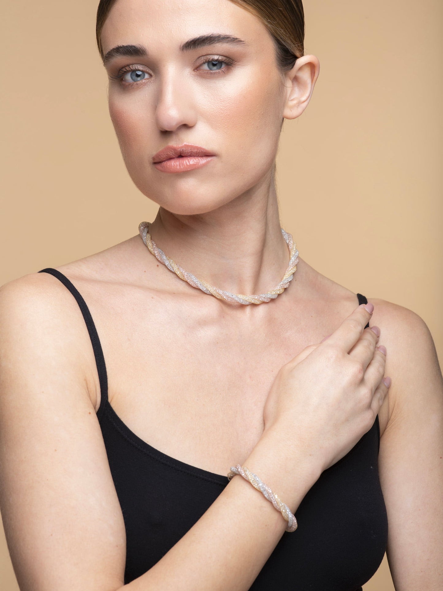 Necklace “Crystal Torchon 3 Tubes” - tricolor
